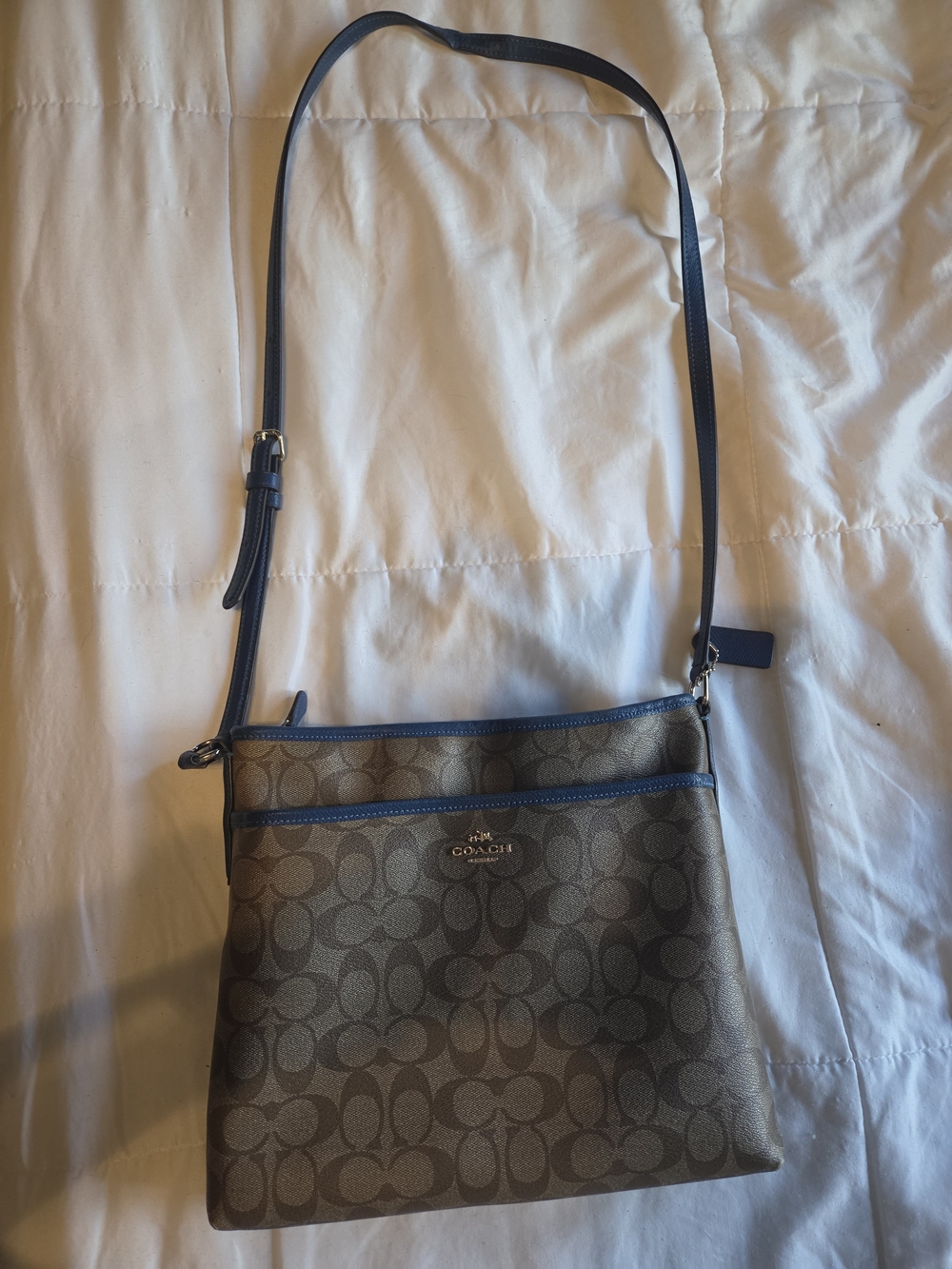 Coach Brown Signature Crossbody with Blue Trim